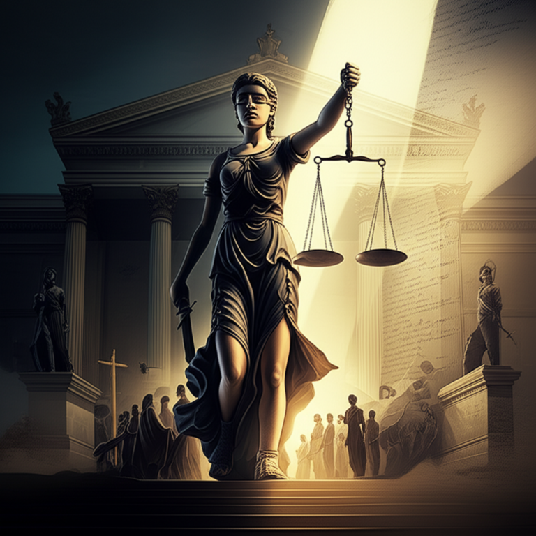 Lady Justice com balanças desequilibradas e um feixe de luz limpando um tribunal rachado, simbolizando a análise crítica da justiça e impunidade no Brasil.