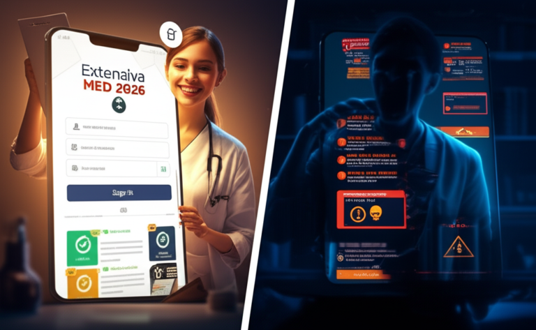 Díptico digital ilustrando a escolha entre o acesso seguro ao curso Extensiva MED 2026 via login oficial e os riscos de um download pirata, com telas contrastantes de conteúdo claro versus erros e ameaças.