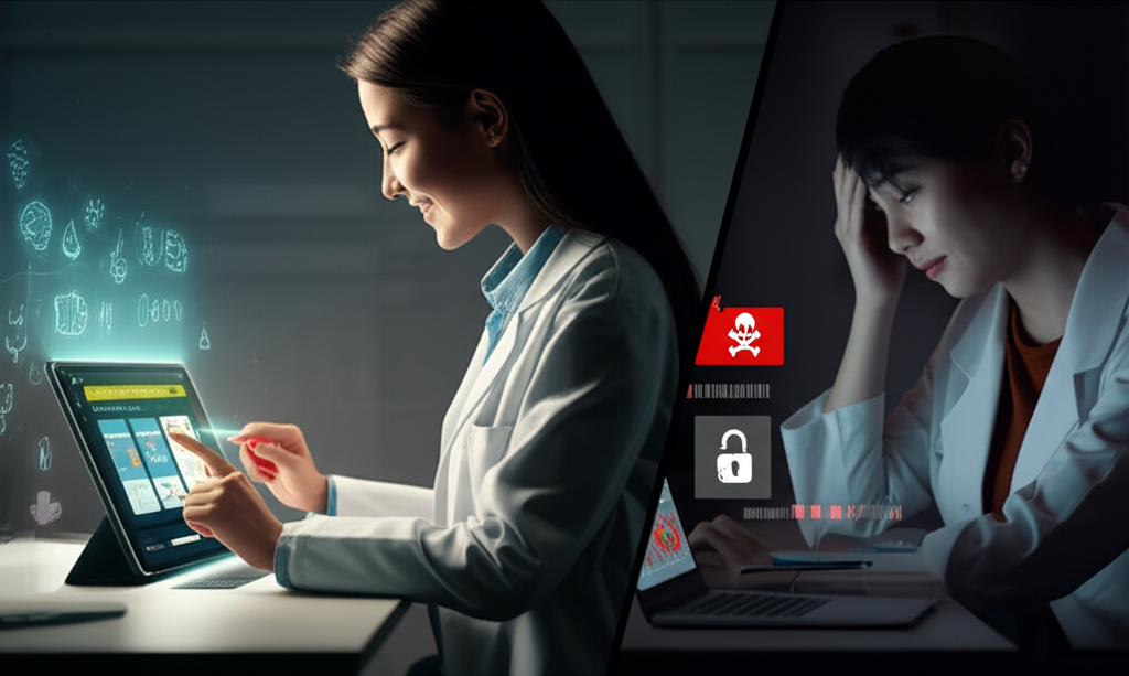 Contraste visual: Estudante feliz usando Medcards Combo Elite oficial vs. estudante frustrado com download pirata ou grátis, simbolizando segurança e risco no aprendizado médico.