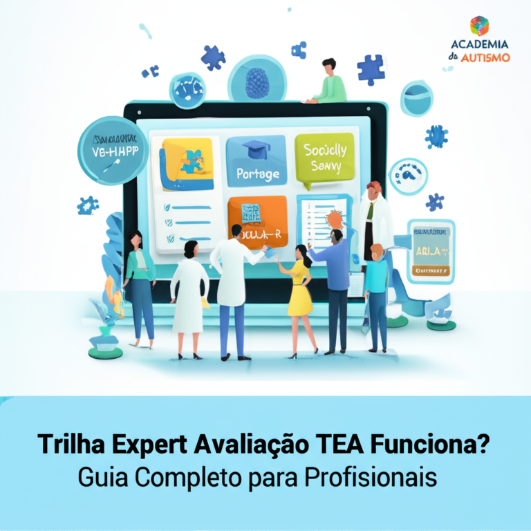 Ilustração digital de profissionais e familiares analisando ferramentas de avaliação do TEA (VB-MAPP, Portage, Socially Savvy, ABLA‑R) em uma tela online, com ícones de cérebro e peças de quebra‑cabeça.