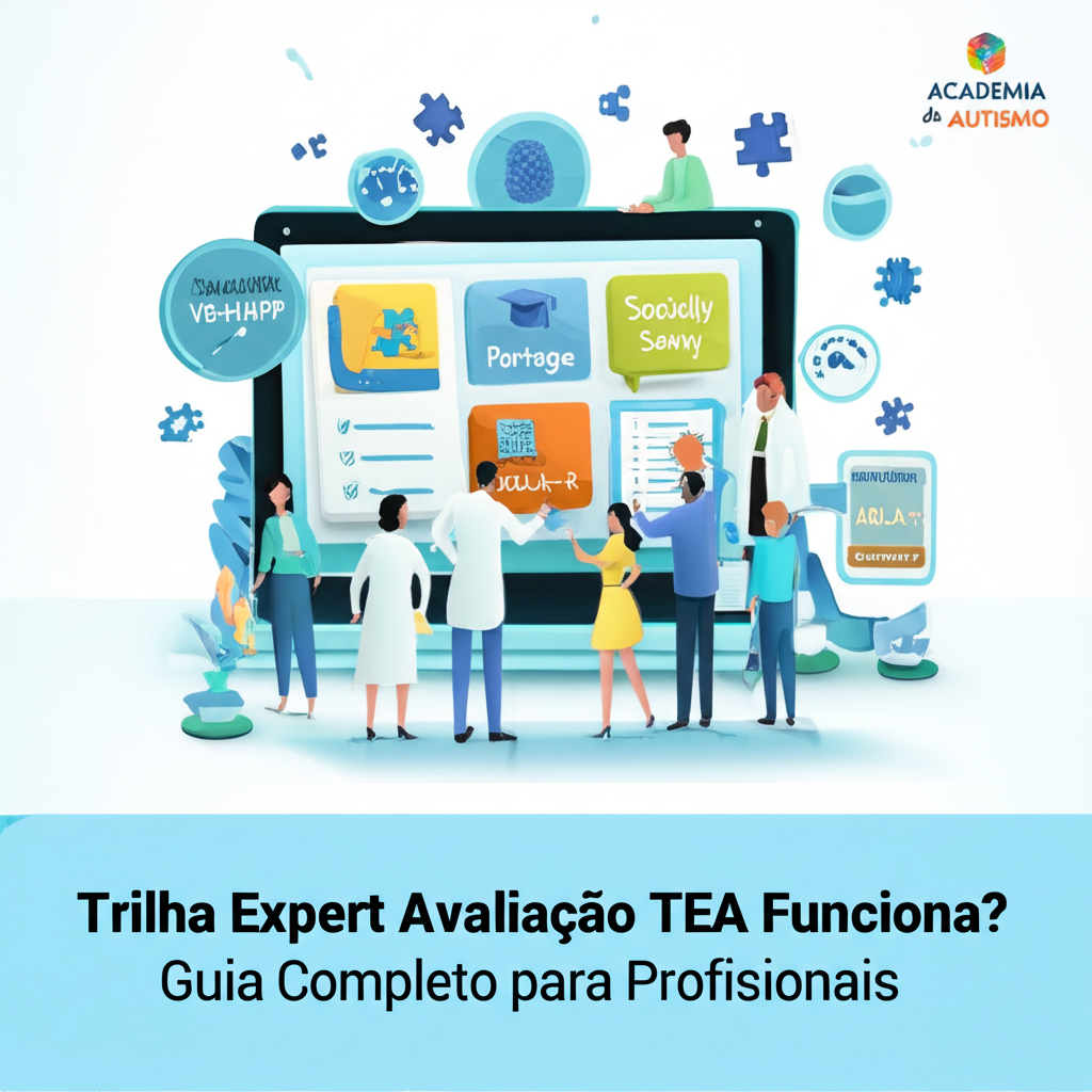 Ilustração digital de profissionais e familiares analisando ferramentas de avaliação do TEA (VB-MAPP, Portage, Socially Savvy, ABLA‑R) em uma tela online, com ícones de cérebro e peças de quebra‑cabeça.