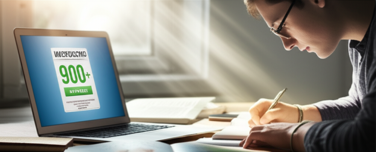 Estudante focado(a) escrevendo redação para Medicina, com notas 900+ visíveis em tela, simbolizando o sucesso em aprovação.