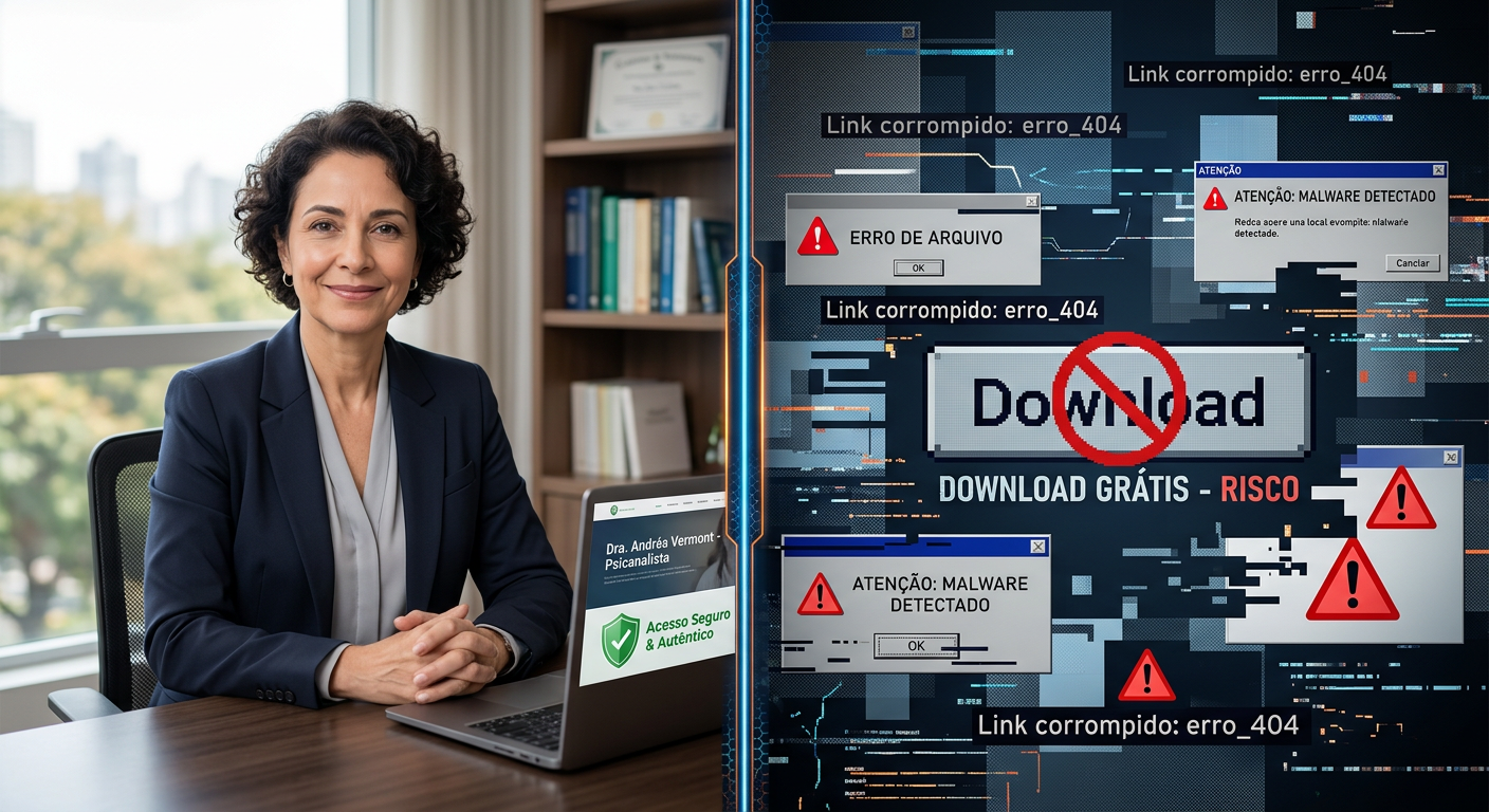 Imagem dividida. À esquerda: Dra. Andréa Vermont, psicanalista, em ambiente seguro e profissional, simbolizando acesso oficial à Imersão Tradutor de Almas. À direita: Interface digital quebrada e pixelada, representando download grátis e riscos da pirataria.