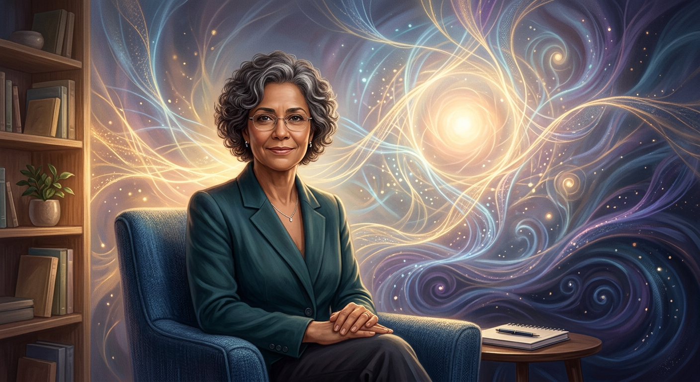 Dra. Andréa Vermont, psicanalista, em pose empática, com elementos visuais de luz e conexões abstratas que simbolizam a desvendagem da psique na Imersão Tradutor de Almas.