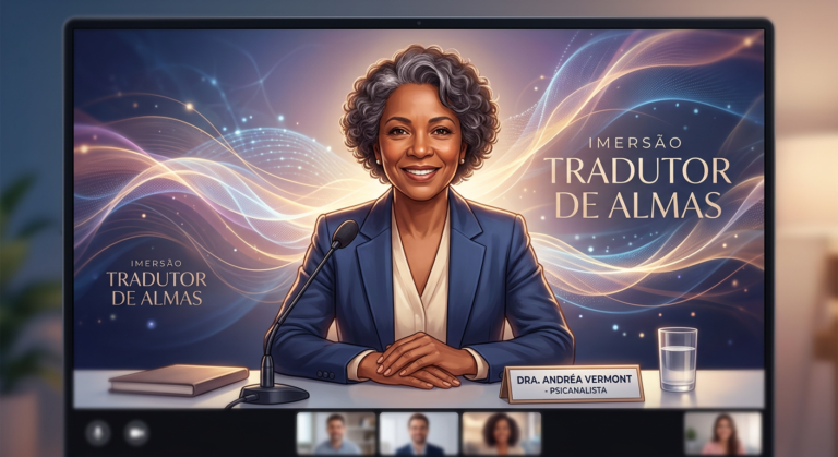 Dra. Andréa Vermont, psicanalista e criadora da Imersão Tradutor de Almas, em ambiente digital inspirador.