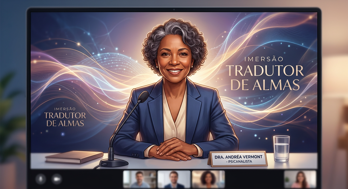 Dra. Andréa Vermont, psicanalista e criadora da Imersão Tradutor de Almas, em ambiente digital inspirador.