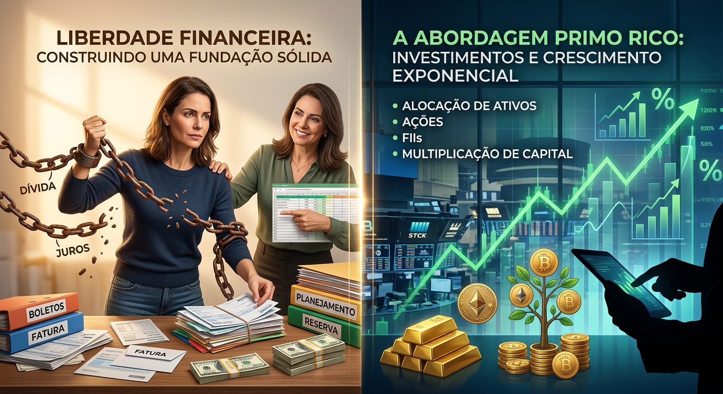 Ilustração da escolha entre organizar finanças e sair das dívidas (Viva Sempre com Dinheiro, simbolizado por Nádia C. B. Vieira Pace) e investir para crescimento de patrimônio (Primo Rico).