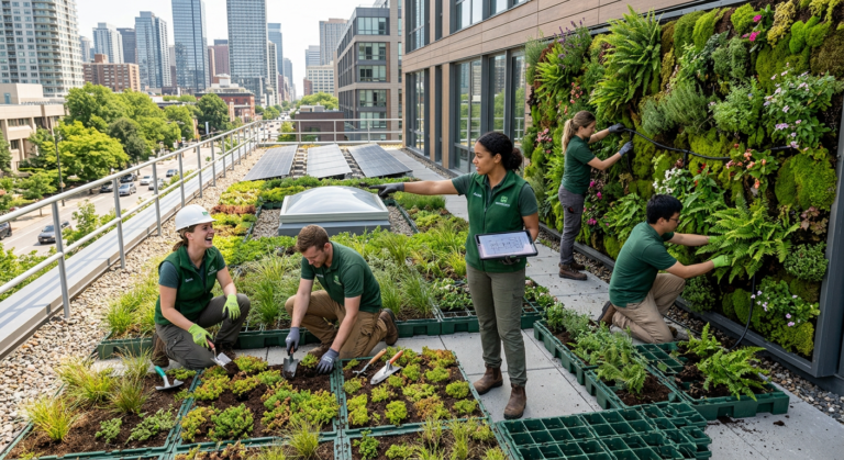 Profissionais da Formação Green Builders instalando um jardim vertical e telhado verde em uma edificação moderna, demonstrando capacitação e sustentabilidade.