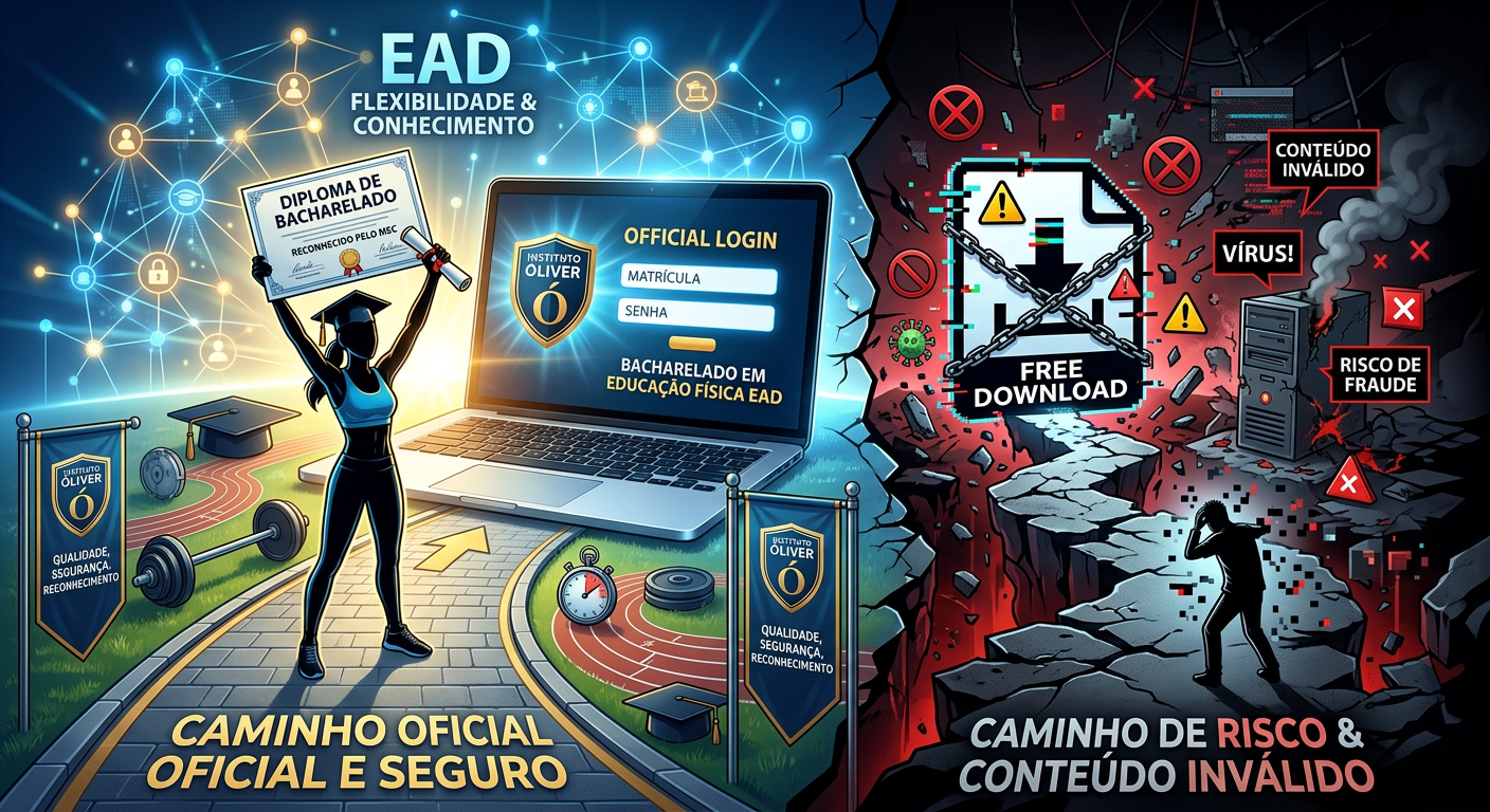 Imagem que contrasta o login oficial seguro de um curso EAD de Educação Física do Instituto Óliver com o risco de downloads grátis e pirataria.
