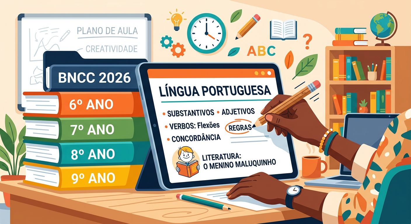 Materiais pedagógicos de Língua Portuguesa para o Ensino Fundamental II, com planejamentos e atividades editáveis alinhados à BNCC 2026, organizados por ano.