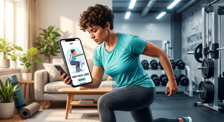 Pessoa utilizando um smartphone para seguir um guia de treinos com GIFs animados e vídeos, ideal para exercícios em casa ou na academia.