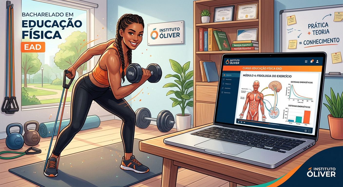 Estudante de Educação Física EAD do Instituto Óliver conciliando estudo online com treinamento físico prático.