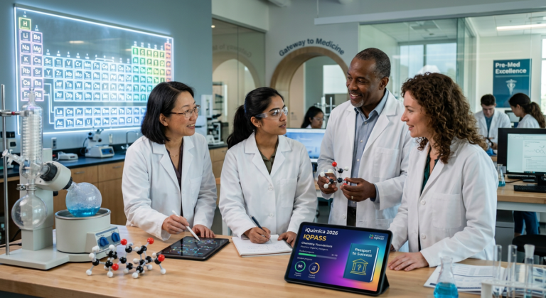 Professores especialistas de química e estudante dedicado interagindo com a plataforma online Passaporte iQuímica 2026 (IQPASS), com elementos de laboratório e estudo avançado.