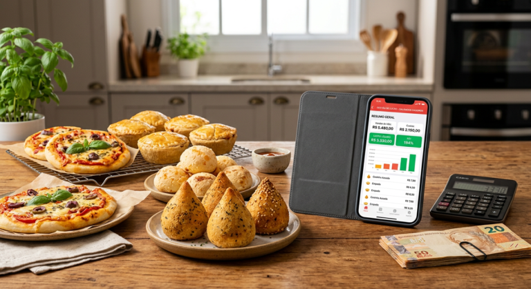 Salgados de forno variados (coxinhas, empadas) com um smartphone exibindo um app de gestão de negócios e notas de dinheiro, simbolizando lucro e ROI.