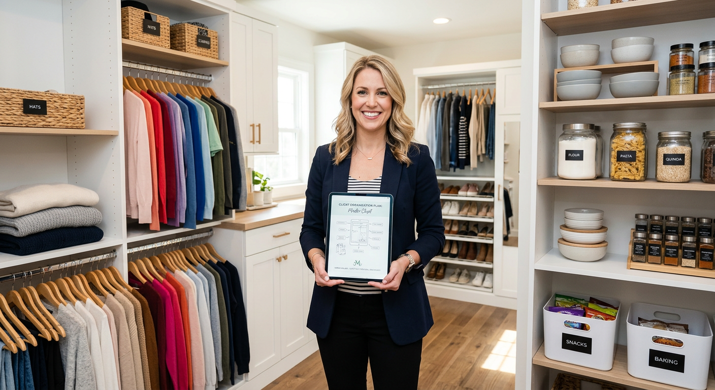 Mulher Personal Organizer profissional em um closet perfeitamente organizado, com tablet, representando a formação do curso.