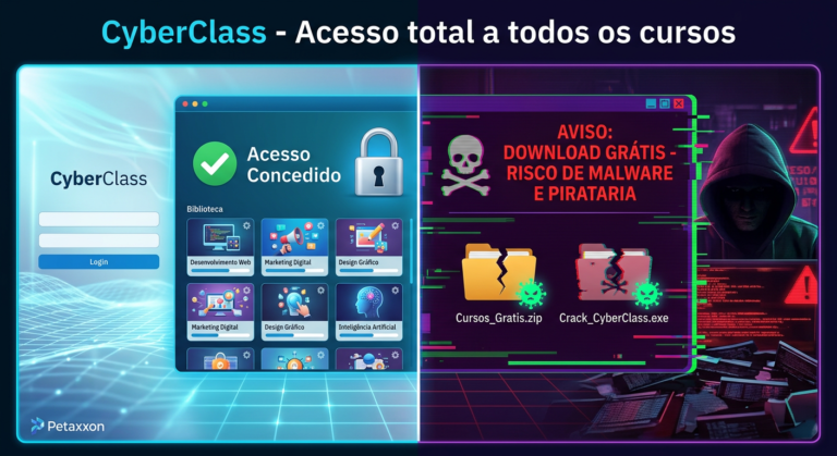 Tela dividida comparando o acesso seguro ao CyberClass com os riscos do download pirata de cursos online.