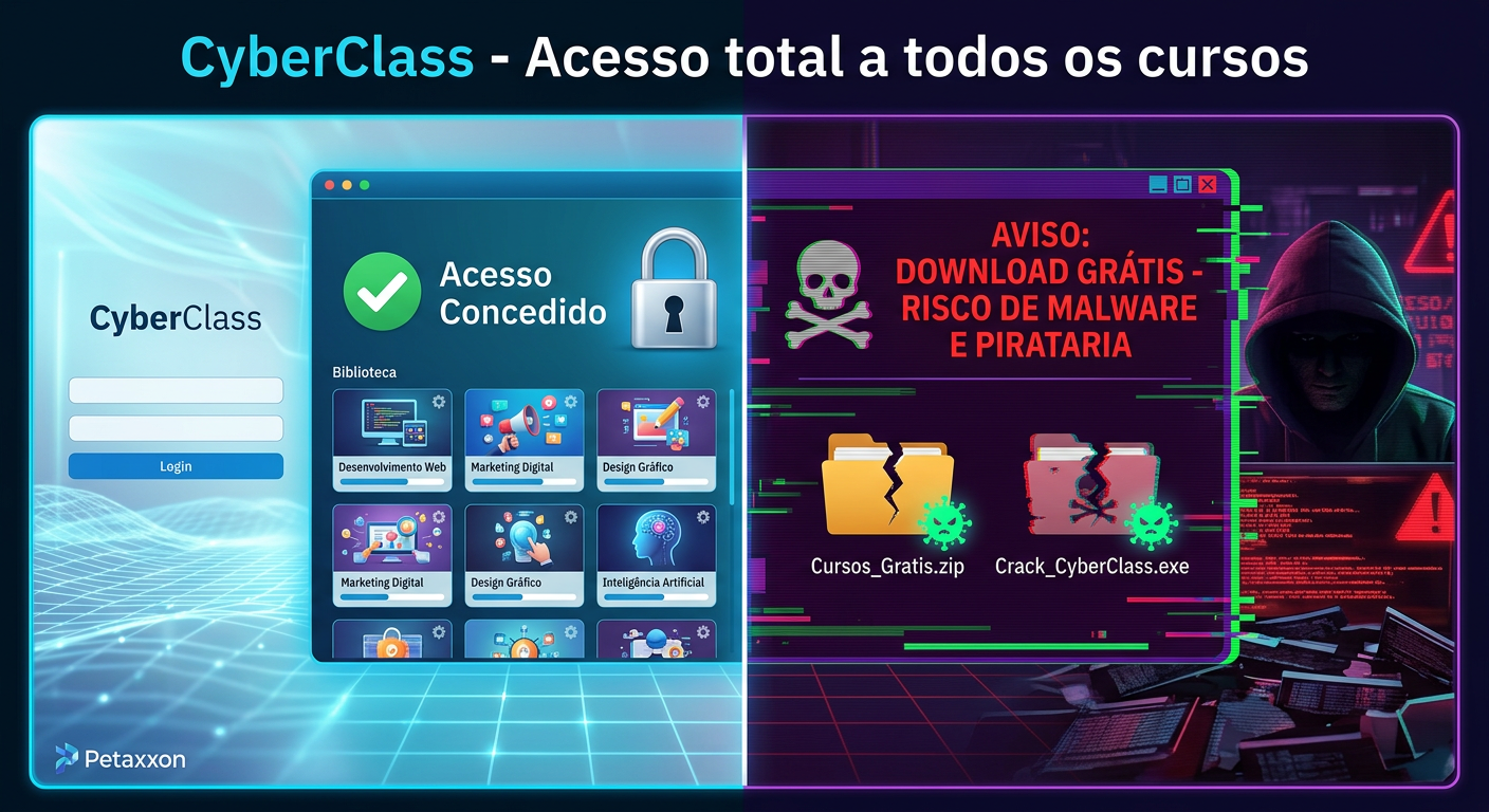 Tela dividida comparando o acesso seguro ao CyberClass com os riscos do download pirata de cursos online.