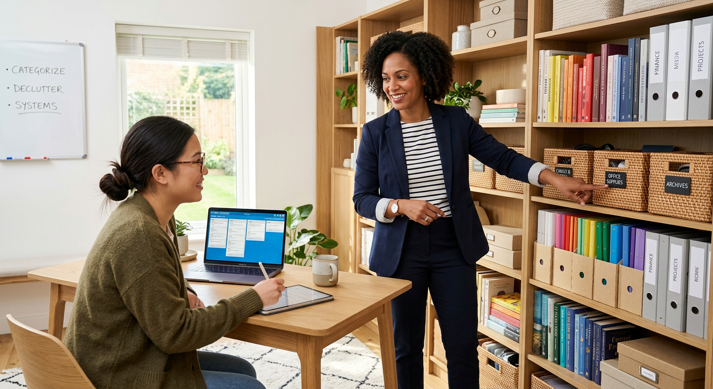 Mulher personal organizer profissional ensinando método de organização a cliente em casa organizada. Computador com ferramentas digitais, simbolizando o curso Personal Organizer 3.0 e a formação profissional para produtividade.