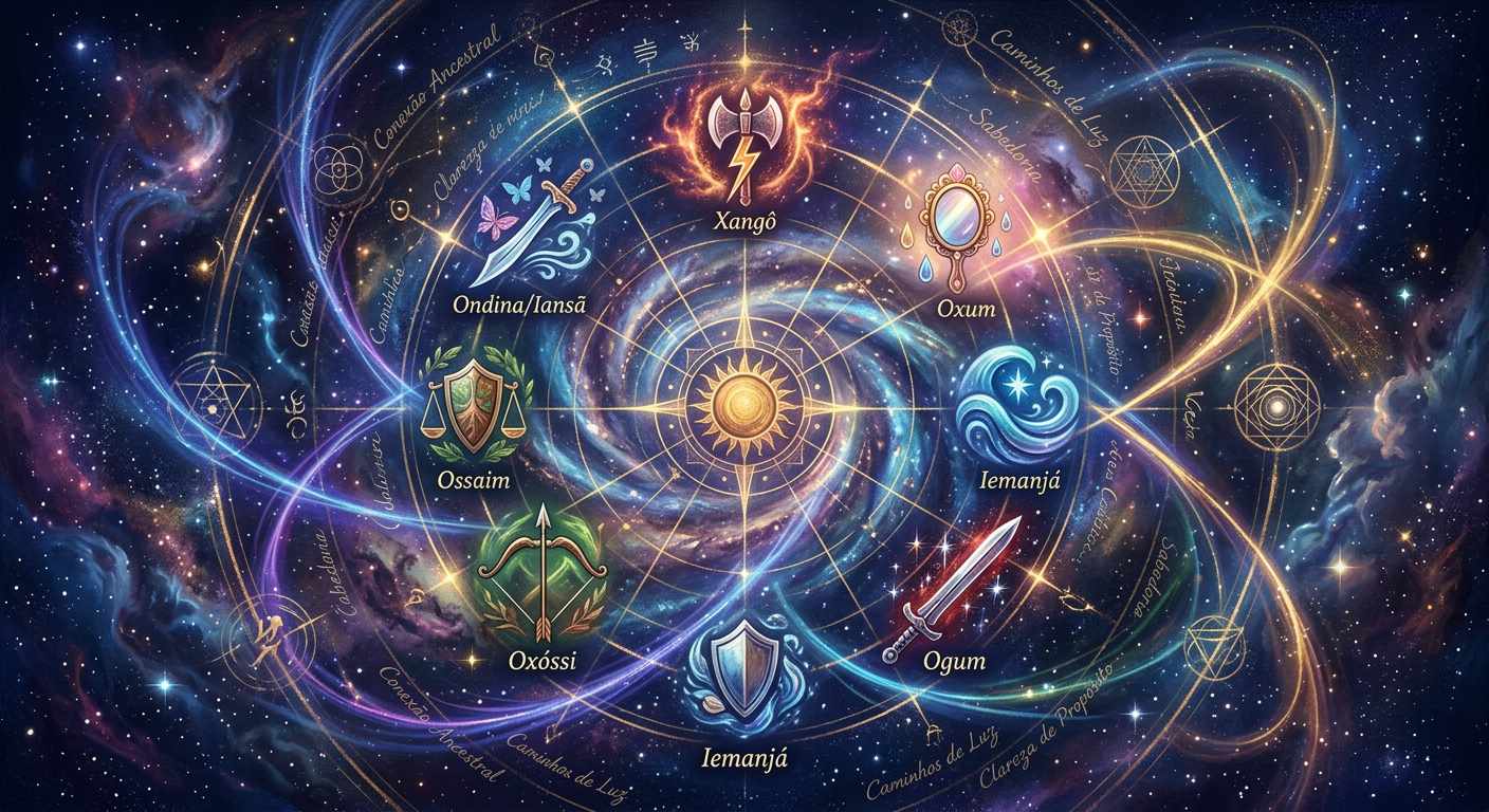Mapa Astral dos Orixás com símbolos de divindades da Umbanda em fundo cósmico, ilustrando conexão espiritual e autoconhecimento.