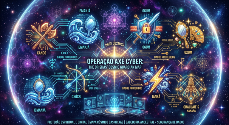 Mapa Astral dos Orixás integrado com elementos digitais de segurança, como códigos binários e um escudo de proteção, simbolizando a conexão entre espiritualidade e proteção de dados.