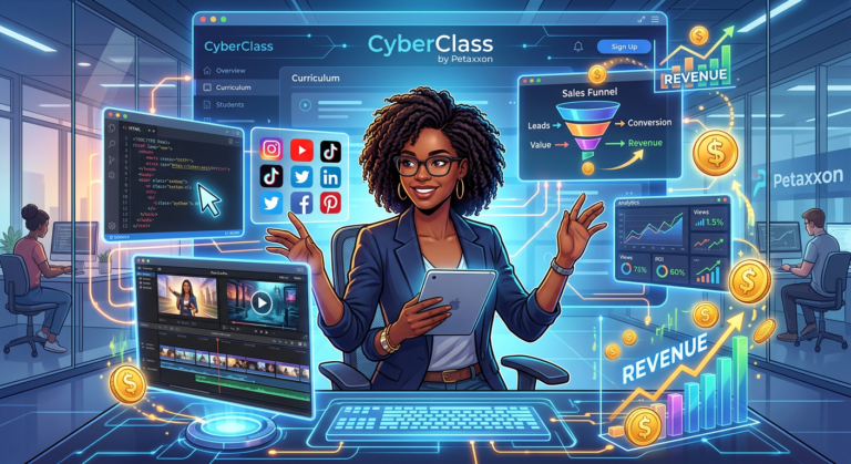 Jovem profissional utilizando o CyberClass da Petaxxon para aprender e monetizar habilidades digitais como edição, marketing e programação, com símbolos de dinheiro.