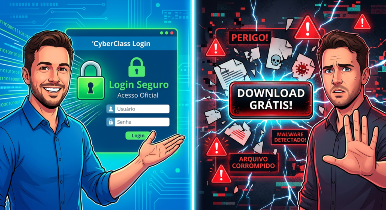 Peter Jordan compara o acesso seguro ao CyberClass via login oficial com os riscos e armadilhas de downloads 'gratuitos' e piratas.