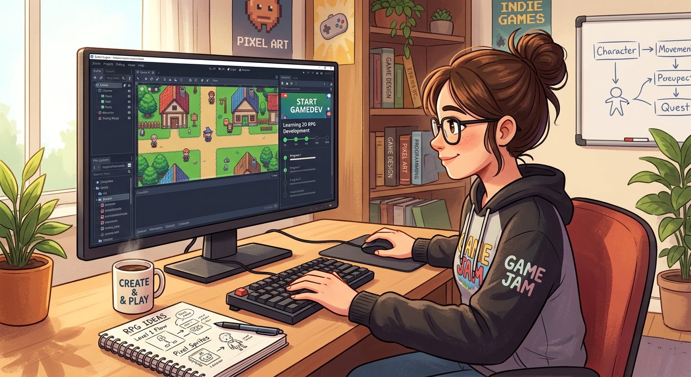 Jovem desenvolvedor iniciante criando um jogo RPG 2D top-down na tela do computador, representando o aprendizado com o curso Start Gamedev.