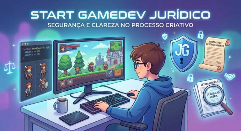 Game developer's desk with computer showing a 2D RPG game, overlaid with legal protection symbols like a shield, contract, and magnifying glass over small text, representing legal safety in gamedev.