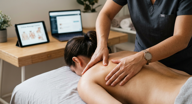 Mãos de massoterapeuta aplicando técnica anti-dor nas costas, simbolizando a Formação Profissional em Massoterapia do Prof. Wendel José.