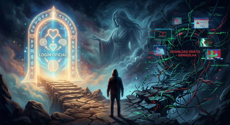 Representação conceitual de uma pessoa diante de uma escolha entre um portal digital luminoso e seguro ('LOGIN OFICIAL') para a imersão Tradutor de Almas e uma rede digital sombria e caótica ('DOWNLOAD GRÁTIS - ARMADILHA'), simbolizando o caminho certo versus a armadilha do atalho.
