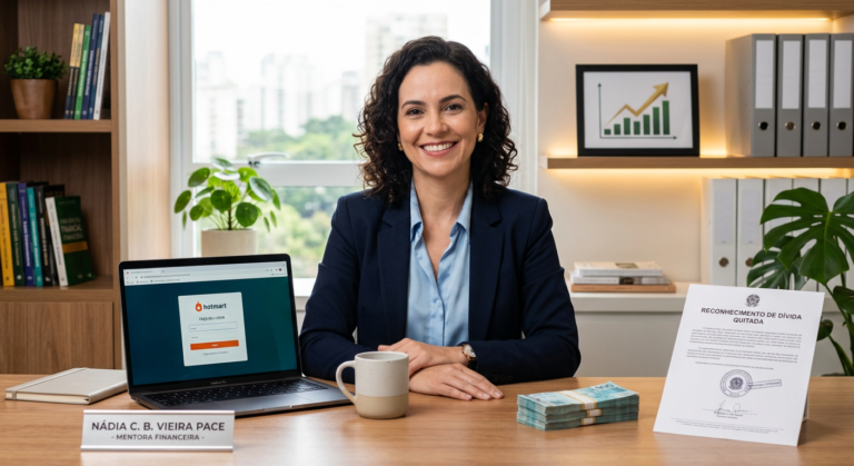 Nádia C. B. Vieira Pace, mentora do curso Viva Sempre com Dinheiro, ilustrando organização financeira e liberdade de dívidas via acesso oficial.