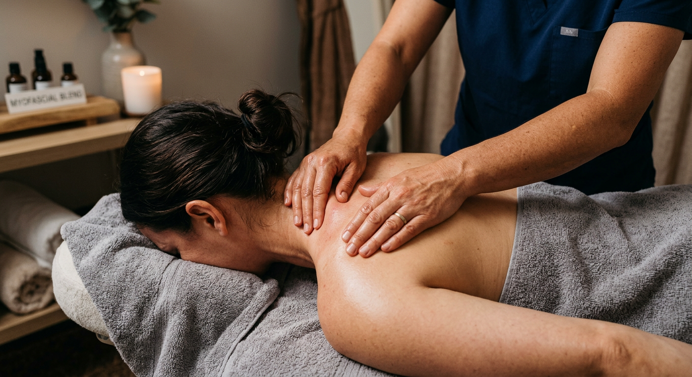 Mãos experientes aplicando massagem terapêutica para alívio da dor nas costas, representando as técnicas ensinadas no curso de massoterapia.