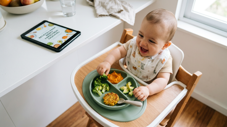 Bebê sorridente em cadeira de alimentação explorando um prato colorido de receitas saudáveis e nutritivas, com o ebook 'Receitas Para Bebês Crescendo Saudável' ao lado.