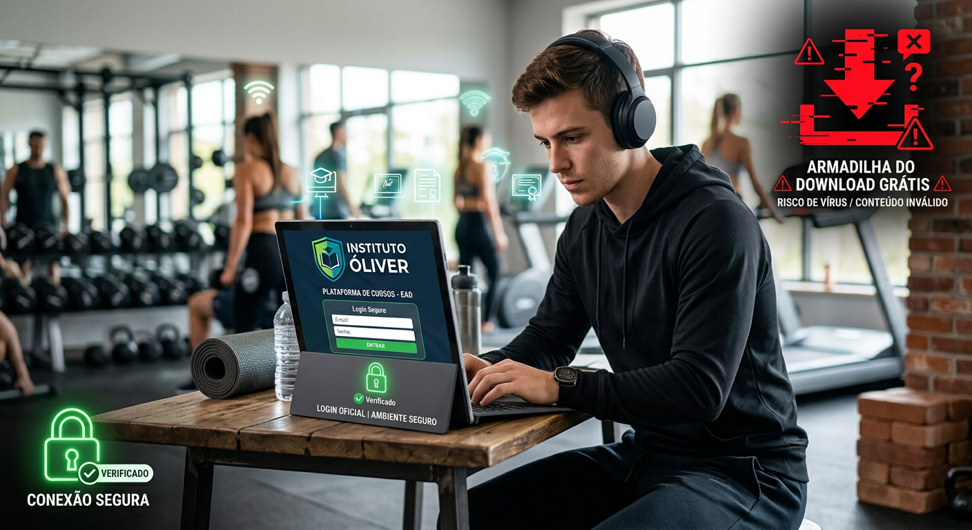 Estudante atlético acessando o login oficial do Curso de Educação Física EAD do Instituto Óliver em laptop, com academia ao fundo e alerta visual contra downloads piratas.