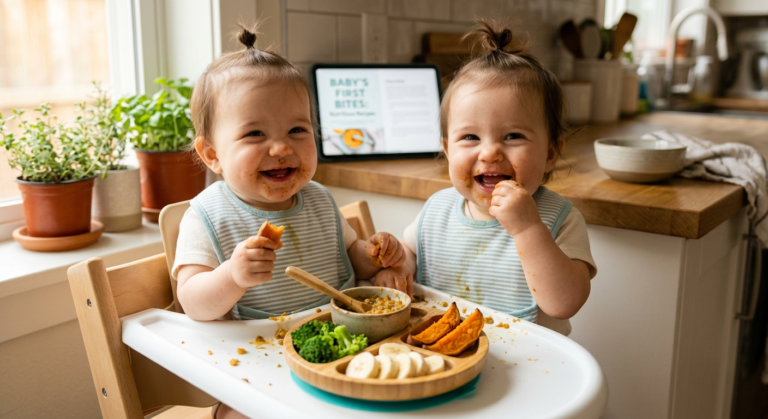 Review Técnico: O Hardware/Software Receitas Para Bebês Crescendo Saudável 7 https://www.comprasdigitais.com.br/suplementos/page/10/ Bebê feliz em cadeirão, comendo prato colorido e nutritivo de introdução alimentar, representando o guia 'Receitas Para Bebês Crescendo Saudável'.