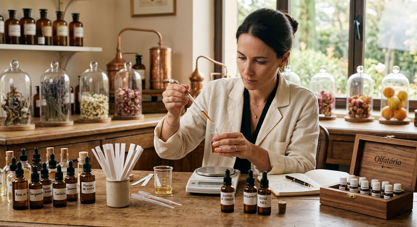 Perfumista em laboratório criando fragrâncias com olfatório e matérias-primas avançadas do curso de Isadora Padula.