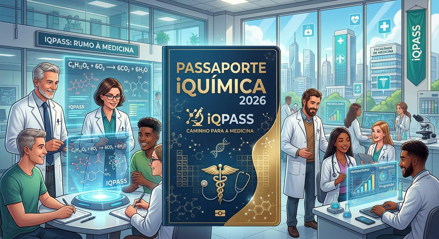 Capa do Passaporte iQuímica 2026 com elementos de química e medicina, e professores da equipe iQuímica orientando alunos para a aprovação em Medicina.
