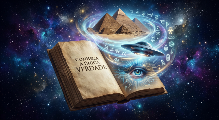 <h3>Por que o Conheça a Única Verdade é a Escolha do Mês?</h3> 2 https://www.comprasdigitais.com.br/suplementos/page/10/ Imagem conceitual de um livro 'Conheça a Única Verdade' flutuando, com luz cósmica revelando pirâmides, um OVNI e um olho digitalizado. Representa mistérios e teorias da conspiração.