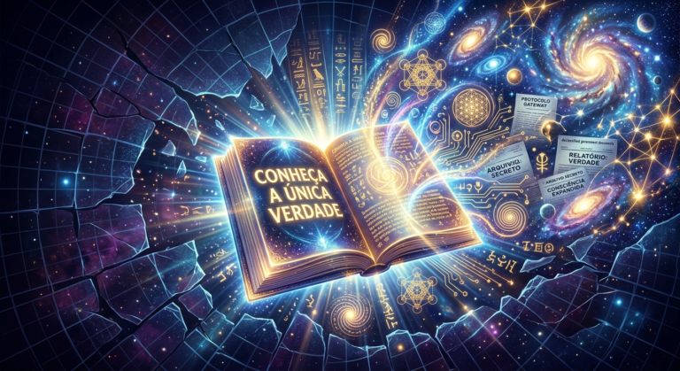 "Conheça a Única Verdade" EBOOK: É o Atalho Real para o Despertar? 10 https://www.comprasdigitais.com.br/suplementos/page/9/ Capa de ebook aberta 'Conheça a Única Verdade' revelando símbolos de conhecimento oculto, espiritualidade, ufologia e teorias de conspiração, com uma matriz de ilusão se desintegrando ao fundo.