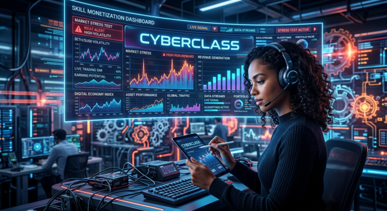 O teste de stress do CyberClass Petaxxon: Ele aguenta a escala real do mercado? 9 https://www.comprasdigitais.com.br/suplementos/page/9/ Pessoa interagindo com a plataforma CyberClass da Petaxxon, com gráficos financeiros e elementos de mercado digital ao fundo, simbolizando um teste de stress de sua performance.