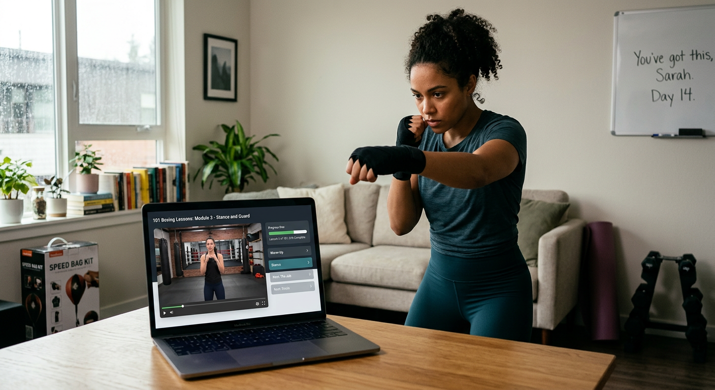 Pessoa praticando boxe em casa, assistindo a aulas online de boxe em um notebook ou tablet, demonstrando aprendizado e foco.
