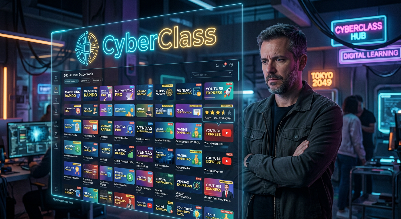 Peter Jordan com expressão séria diante de uma interface digital exibindo o logo CyberClass, com elementos que sugerem variedade de cursos e uma sutil indicação de avaliação mista.