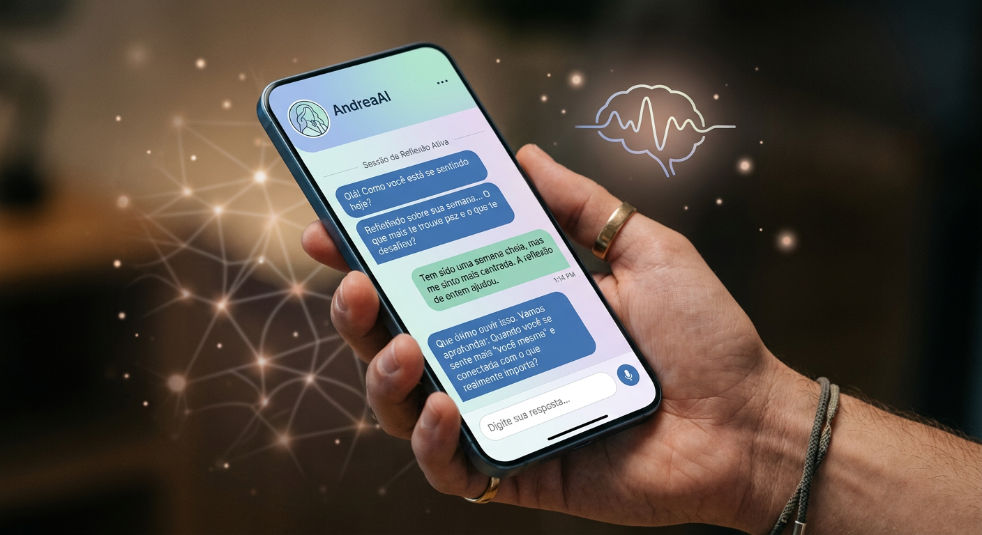 Smartphone com o aplicativo AndreaAI exibindo uma interface de chatbot de IA para autoconhecimento e apoio emocional, com elementos que remetem à Dra. Andrea Vermont, em um contexto de reflexão diária.