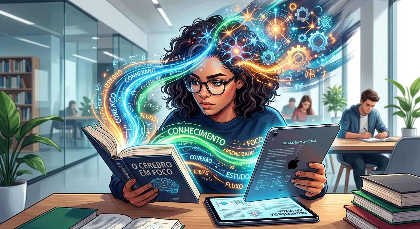 Pessoa concentrada lendo livro e tablet, simbolizando leitura dinâmica, metaleitura e retenção de conteúdo com foco e velocidade.