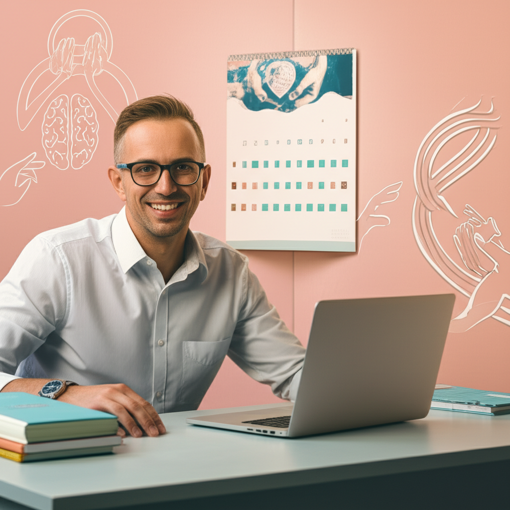Psicólogo Mateus José em ambiente de terapia, com símbolos de apego e calendário de 21 dias ao fundo.