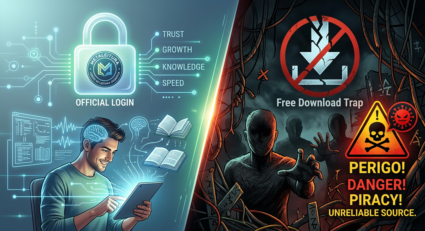 Dicotomia visual entre o acesso seguro ao Curso Metaleitura e os riscos de downloads piratas. Um lado claro com login e cadeado, outro escuro com ícone de download quebrado e ameaças digitais.