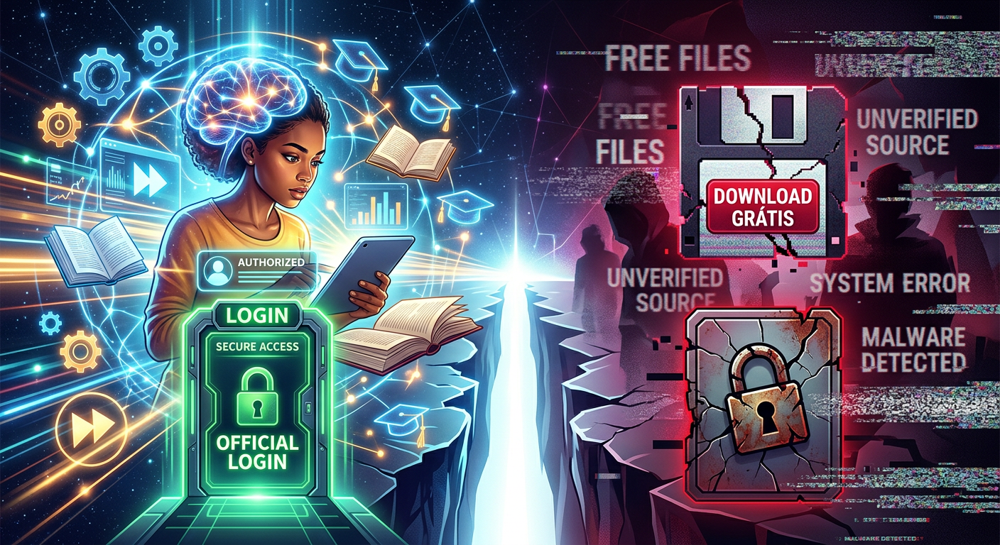Comparativo visual entre o acesso seguro e oficial ao Curso Leitura Dinâmica Metaleitura (LDE) de Renato Alves via login e o risco de downloads gratuitos ilegais.