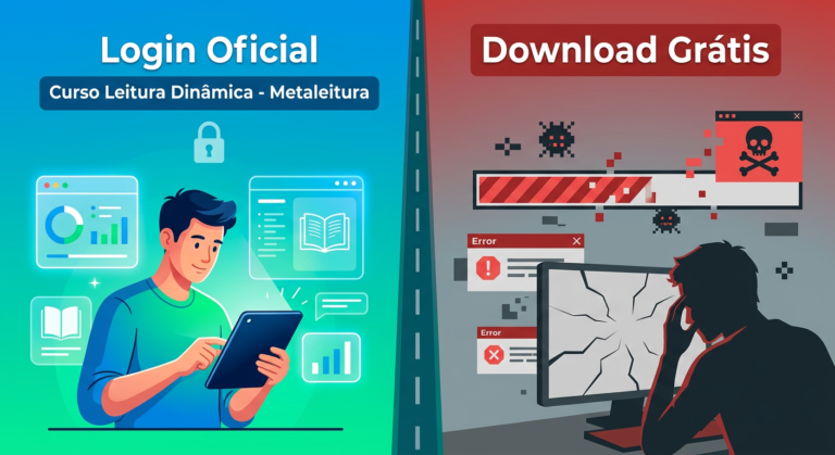 Curso Leitura Dinâmica - Metaleitura (LDE): O Atalho do Login Oficial vs. A Armadilha do Download Grátis 5 https://www.comprasdigitais.com.br/suplementos/page/8/ Ilustração contrastando acesso oficial (login seguro) ao Curso Metaleitura com os perigos de download pirata (erros, malware, conteúdo incompleto).