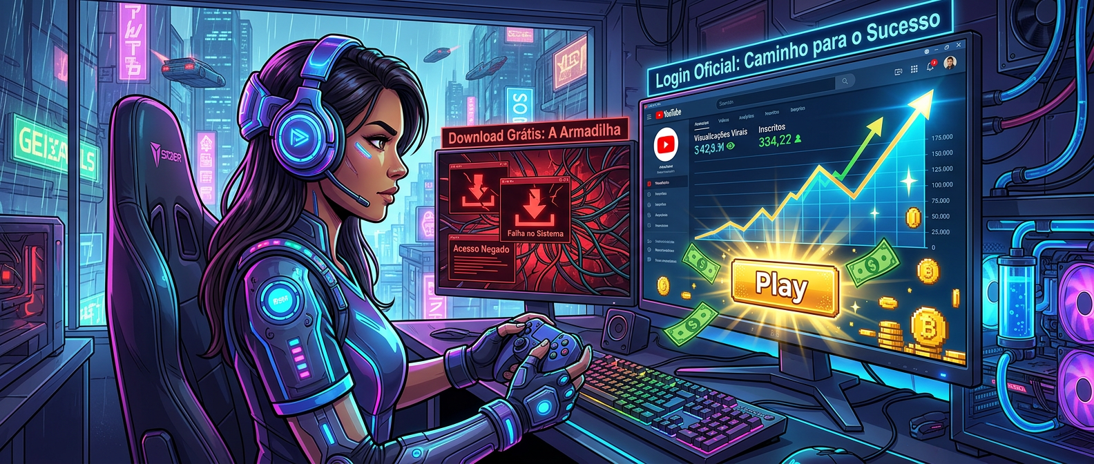 Gamer em setup futurista escolhendo entre o caminho do login oficial no YouTube com sucesso viral e a armadilha de downloads grátis ineficazes, com gráficos de crescimento e ícones de dinheiro.