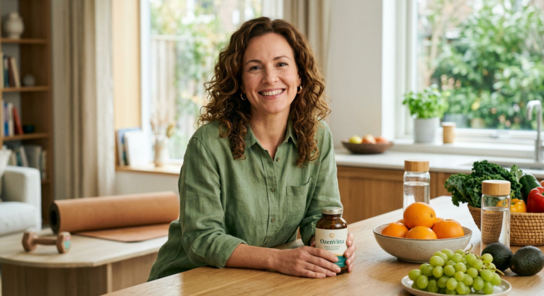 Por que escolhi o OzenVitta em vez das dietas malucas que vi no Instagram 10 https://www.comprasdigitais.com.br/suplementos/page/7/ Mulher sorridente e confiante em um ambiente luminoso e saudável, com o suplemento OzenVitta e elementos de uma vida equilibrada.